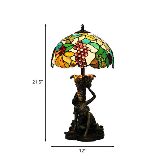 Roberta - Victorian Stained Glass Domed Nightstand Lamp 1 Light Green Grape Patterned Desk Lighting