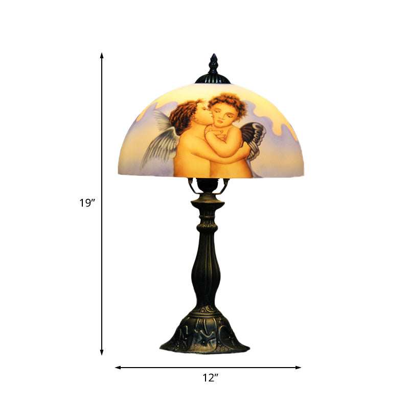 Sara - Stained Bowl Glass Nightstand Lamp Victorian 1 Head Bronze Angel Patterned Desk