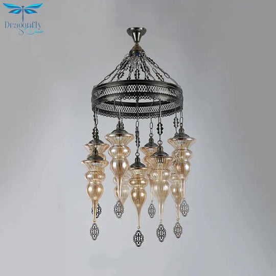 9 Bulbs Pendant Chandelier Traditional Coffee Shop Suspension Lighting Fixture With Jar Tan Ribbing