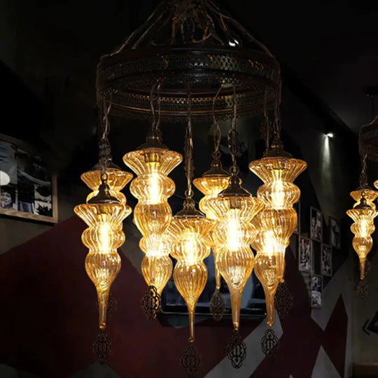 9 Bulbs Pendant Chandelier Traditional Coffee Shop Suspension Lighting Fixture With Jar Tan Ribbing