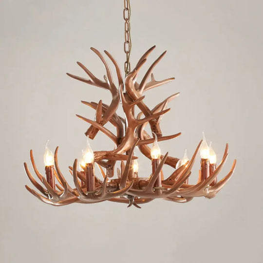 9 Heads Antler Ceiling Chandelier Farmhouse Brown Resin Suspended Lighting Fixture For Restaurant /
