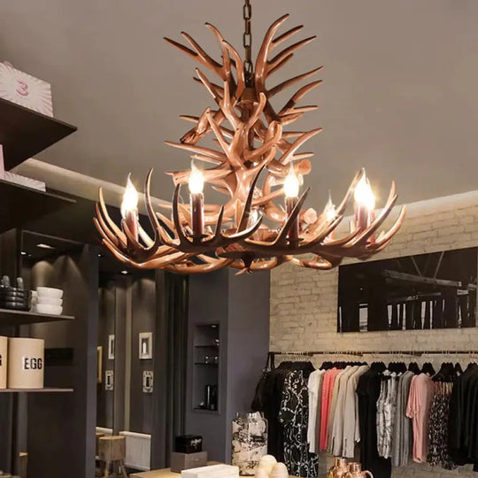 9 Heads Antler Ceiling Chandelier Farmhouse Brown Resin Suspended Lighting Fixture For Restaurant /