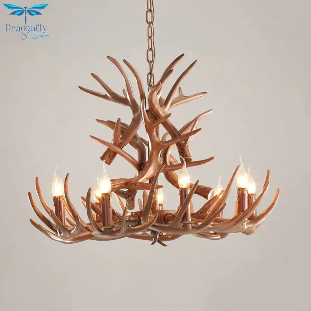 9 Heads Antler Ceiling Chandelier Farmhouse Brown Resin Suspended Lighting Fixture For Restaurant