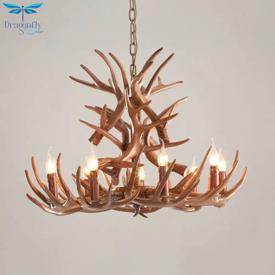 9 Heads Antler Ceiling Chandelier Farmhouse Brown Resin Suspended Lighting Fixture For Restaurant