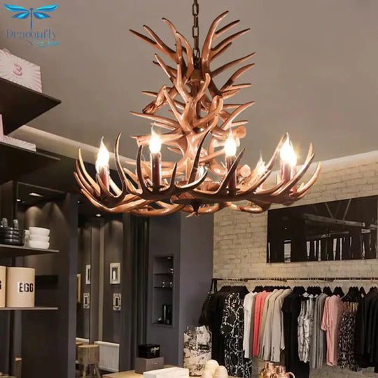 9 Heads Antler Ceiling Chandelier Farmhouse Brown Resin Suspended Lighting Fixture For Restaurant