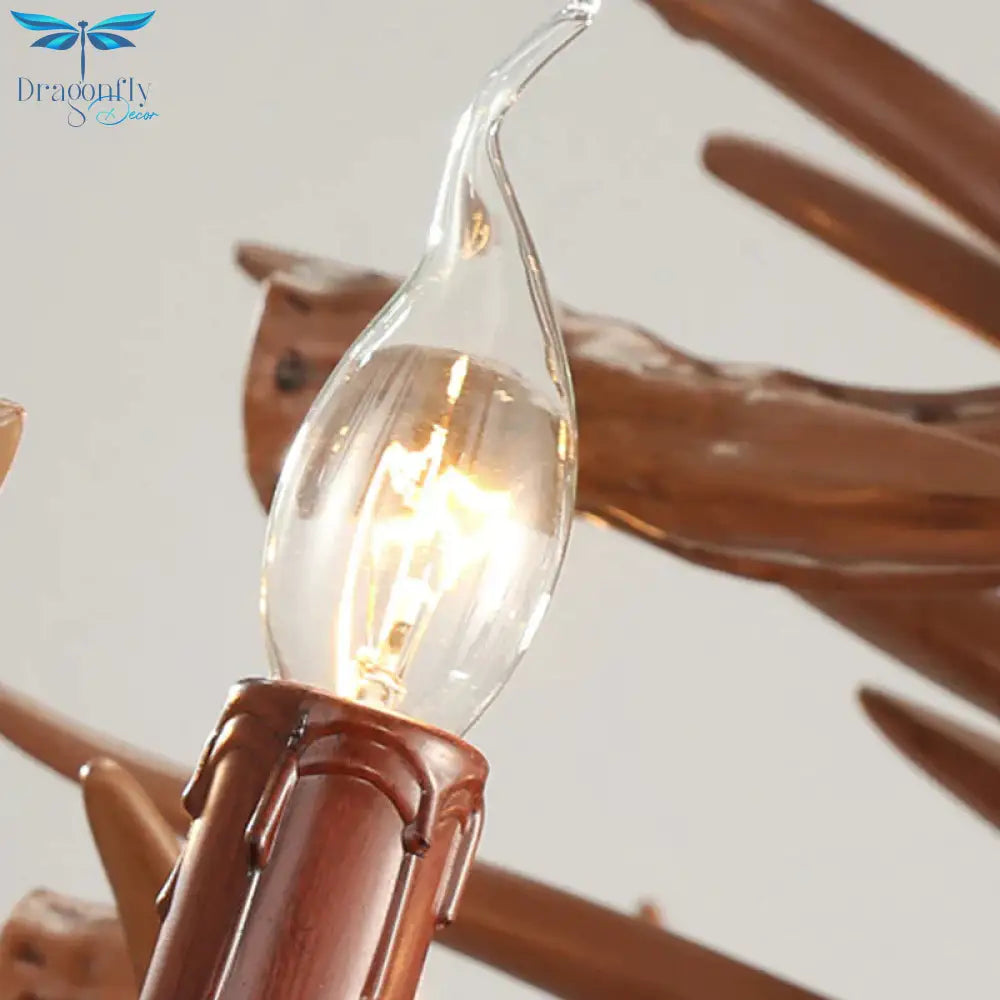 9 Heads Antler Ceiling Chandelier Farmhouse Brown Resin Suspended Lighting Fixture For Restaurant