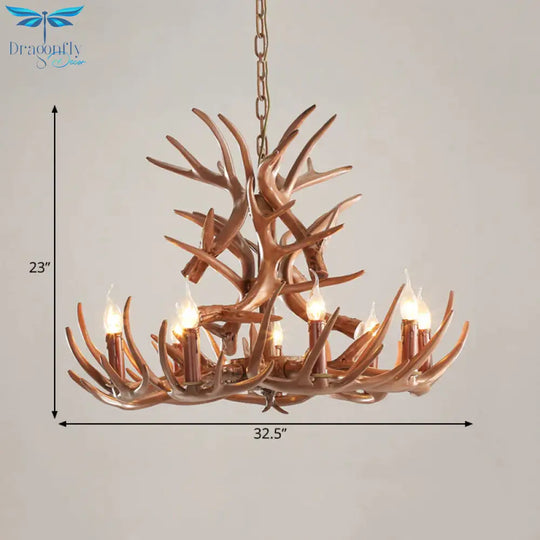 9 Heads Antler Ceiling Chandelier Farmhouse Brown Resin Suspended Lighting Fixture For Restaurant