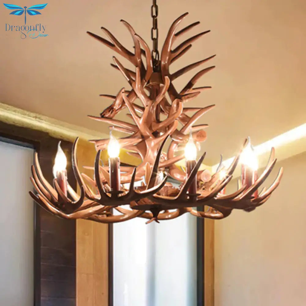 9 Heads Antler Ceiling Chandelier Farmhouse Brown Resin Suspended Lighting Fixture For Restaurant