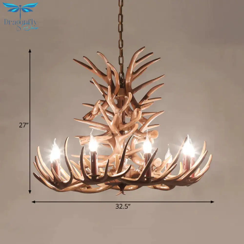 9 Heads Antler Ceiling Chandelier Farmhouse Brown Resin Suspended Lighting Fixture For Restaurant