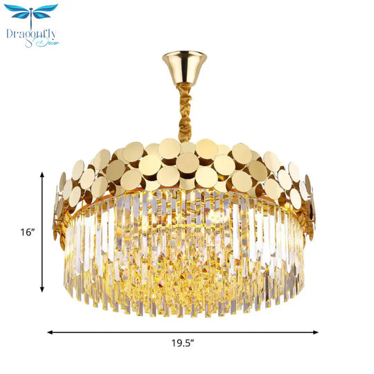 9 Heads Chandelier Lighting Country Drum Crystal Pendant Light Kit In Gold With Metal Dotted Design