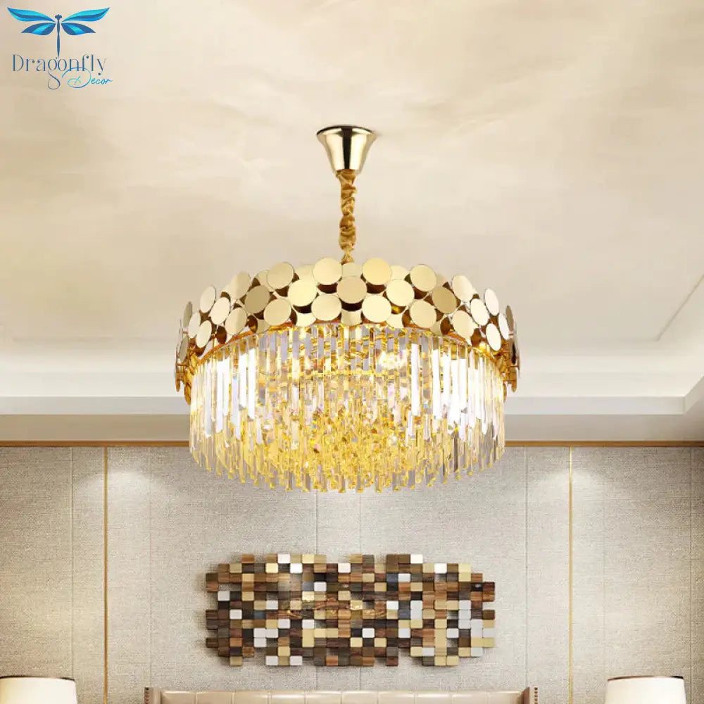 9 Heads Chandelier Lighting Country Drum Crystal Pendant Light Kit In Gold With Metal Dotted Design