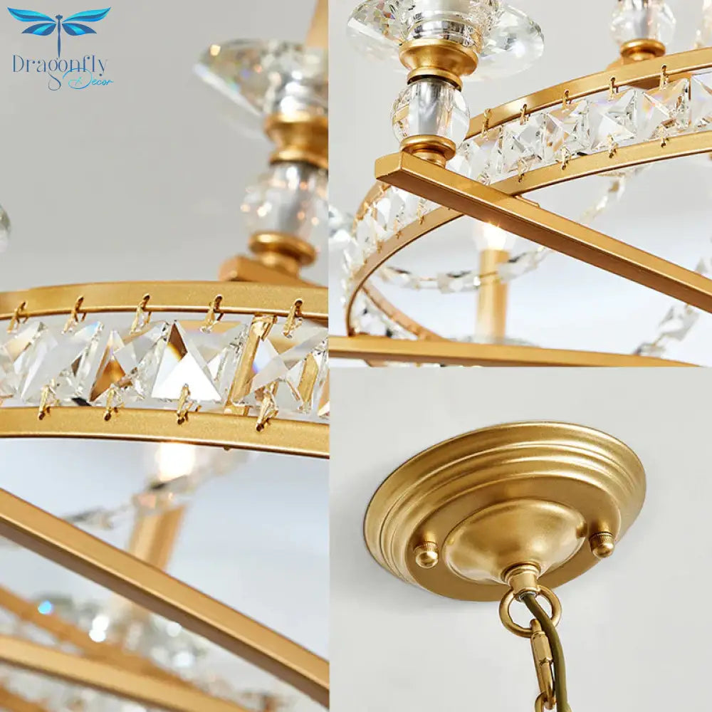 9 Lights Candle Chandelier Lighting Rustic Gold Metal Pendant Lamp For Dining Room With Crystal