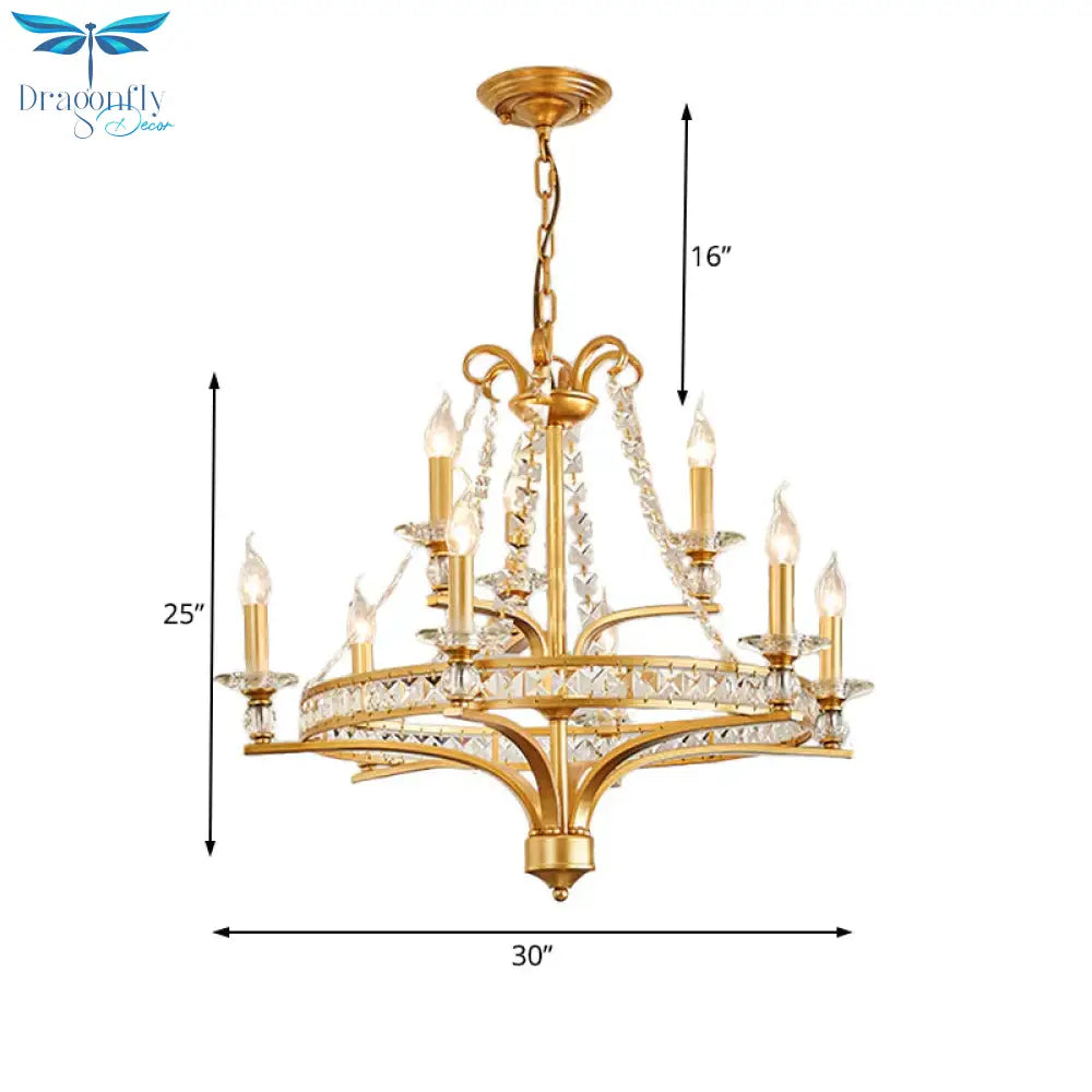 9 Lights Candle Chandelier Lighting Rustic Gold Metal Pendant Lamp For Dining Room With Crystal