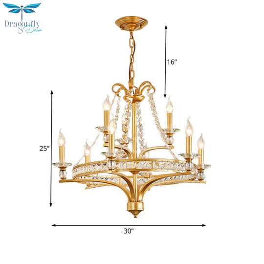 9 Lights Candle Chandelier Lighting Rustic Gold Metal Pendant Lamp For Dining Room With Crystal