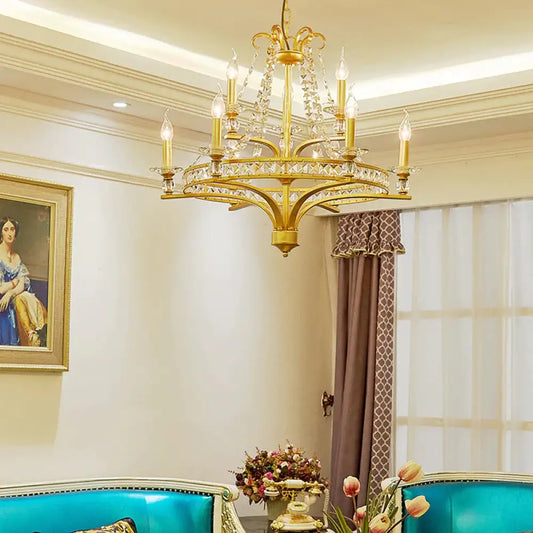9 Lights Candle Chandelier Lighting Rustic Gold Metal Pendant Lamp For Dining Room With Crystal