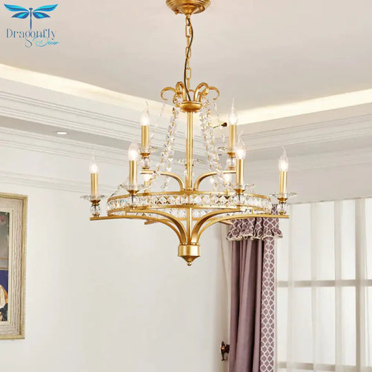 9 Lights Candle Chandelier Lighting Rustic Gold Metal Pendant Lamp For Dining Room With Crystal