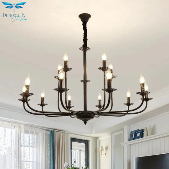 9 Lights Pendant Light Classic Candle Metal Hanging Chandelier In Black For Living Room