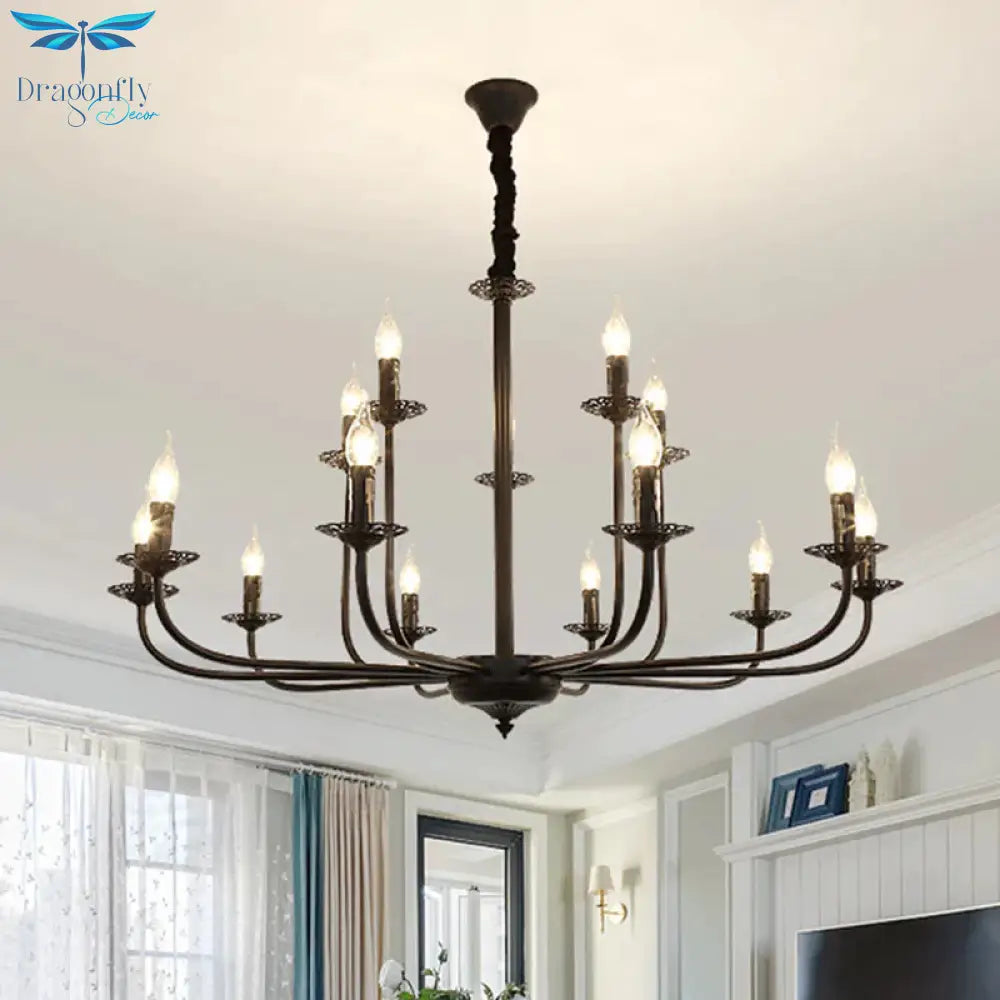 9 Lights Pendant Light Classic Candle Metal Hanging Chandelier In Black For Living Room