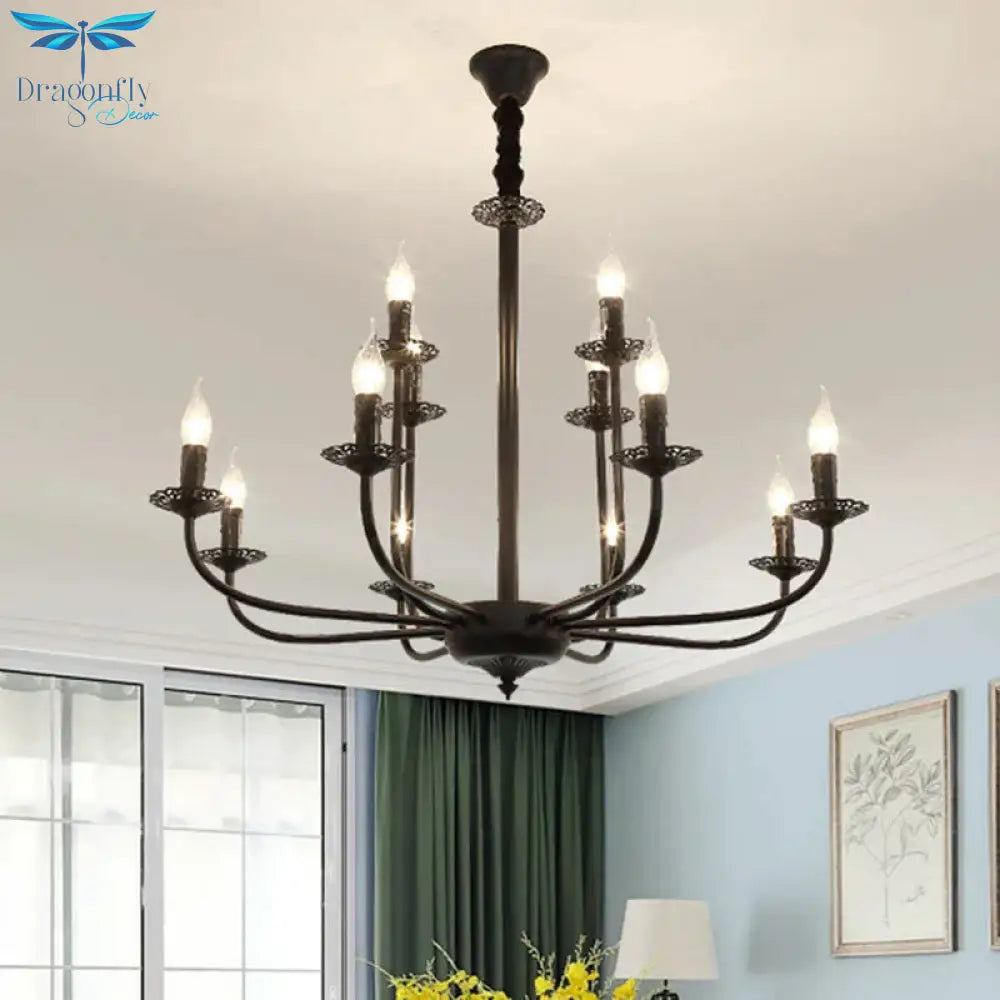 9 Lights Pendant Light Classic Candle Metal Hanging Chandelier In Black For Living Room