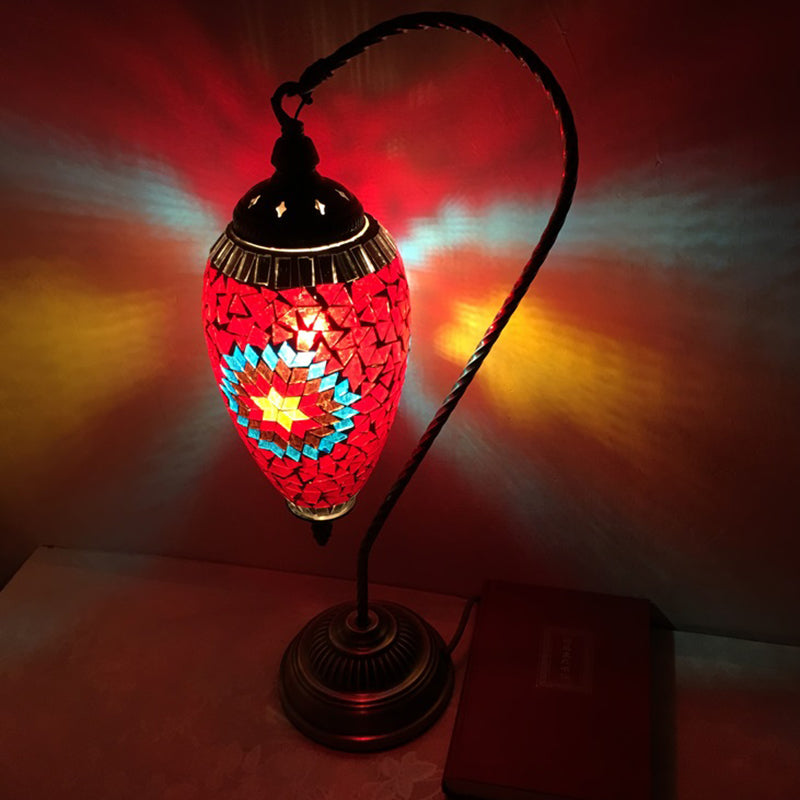 Algieba - Bohemian Droplet Nightstand Light 1 - Bulb Stained Art Glass Night Lamp With Curved Arm