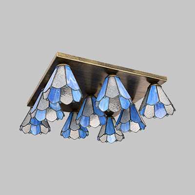Retro 9 - Head Stained Glass Flush Mount Ceiling Light - Tiffany - Style