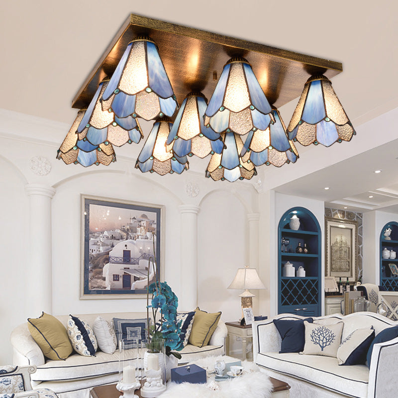 Retro 9 - Head Stained Glass Flush Mount Ceiling Light - Tiffany - Style