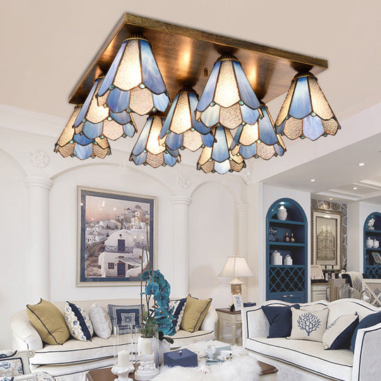 Retro 9 - Head Stained Glass Flush Mount Ceiling Light - Tiffany - Style
