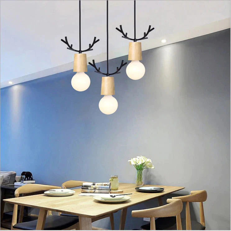 Nordic Wood Fawn Head Chandelier Children’s Bedroom Bedside Living Room Xuanguan Creative