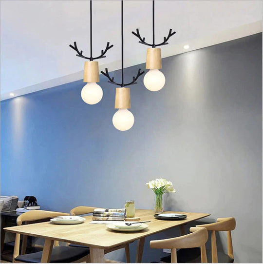 Nordic Wood Fawn Head Chandelier Children’s Bedroom Bedside Living Room Xuanguan Creative