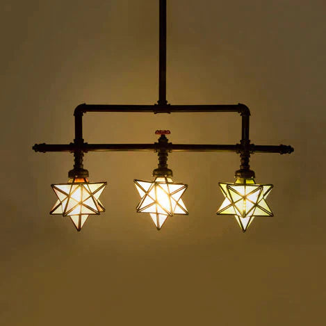 3 Lights Stained Glass Rustic Pendant Light In Black Finish For Bar