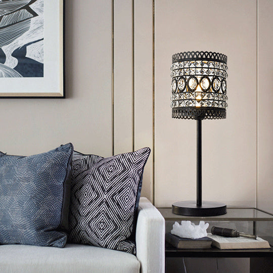 Biham - Modern Cylinder Night Table Light Metallic 1 - Head Bedside Nightstand Lamp With Crystal