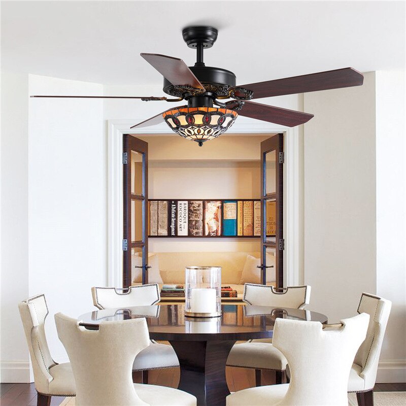 Retro Fandelier With Remote - Features Reversible Black Wood Blades And Tiffany Glass Ideal For