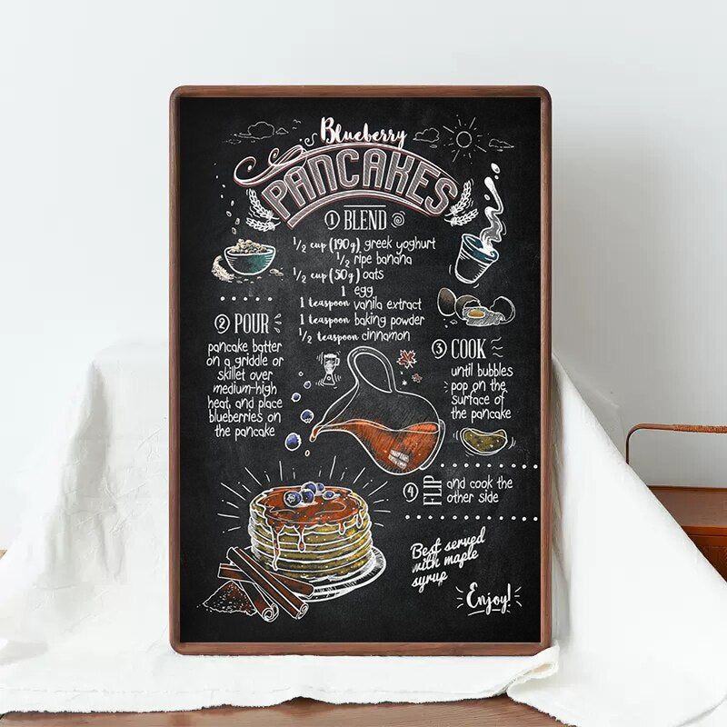 Retro Culinary Canvas Painting: Hamburger Pizza Steak Recipe Menu Poster Wall Painting