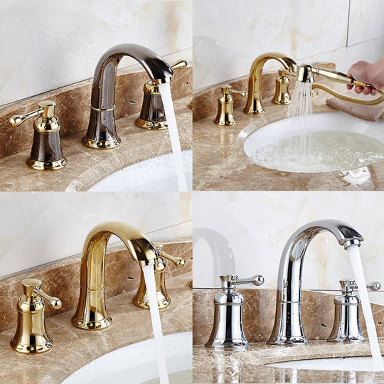 Bathroom Gold Lavatory Widespread Faucet Hot And Cold Three Holes Sink Mixer 8 Inch Sink Gold