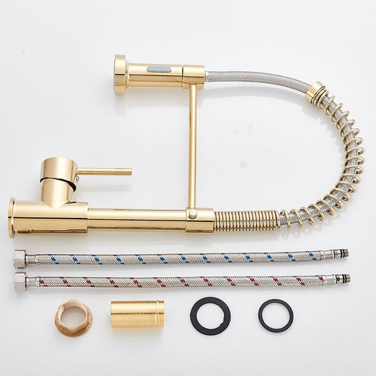 Golden Kitchen Spring Faucet Brass Deck Mount 360 Degree Rotate Stream & Sprayer Nozzle Hot Cold