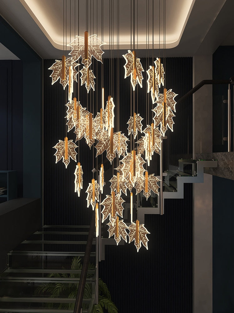 Modern Golden Maple Leaf Staircase Led Chandelier Lighting Nordic Duplex Building Living Room