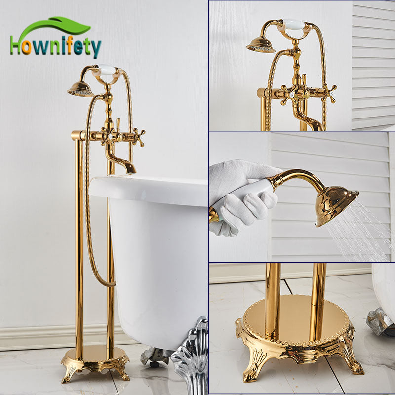 Gold Bathtub Shower Faucet Deck Mount Dual Tube Hot Cold Mixer Systems With Rainfall Handheld Floor