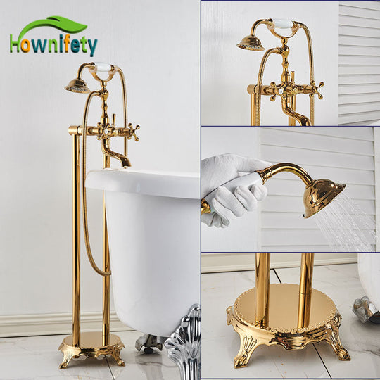 Gold Bathtub Shower Faucet Deck Mount Dual Tube Hot Cold Mixer Systems With Rainfall Handheld Floor