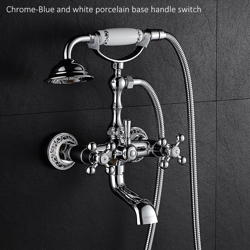 Luxury Crystal Handle Bathtub Gold Brass Faucet With Hand Shower Telephone Type Bath Faucets Sets