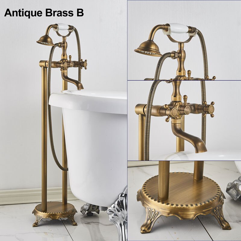 Gold Bathtub Shower Faucet Deck Mount Dual Tube Hot Cold Mixer Systems With Rainfall Handheld Floor