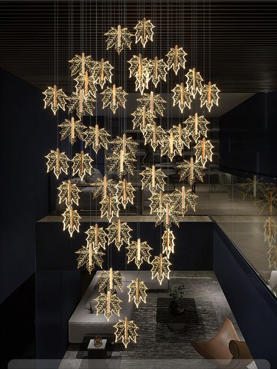 Modern Golden Maple Leaf Staircase Led Chandelier Lighting Nordic Duplex Building Living Room
