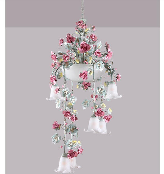 Floral Art Deco Chandelier Lamp - Pink Rose Flower Lustre Light Fixture For Decoration Pendant
