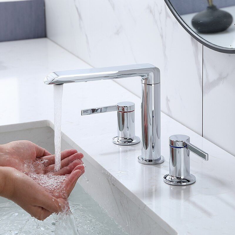 Brushed Gold Bathroom Widespread Basin Faucets Soild Brass Sink Mixer Hot & Cold Lavatory Crane