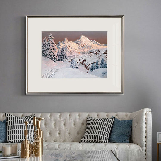 Nordic Snow Mountain Landscape Posters: Modern White Border Wall Art Painting