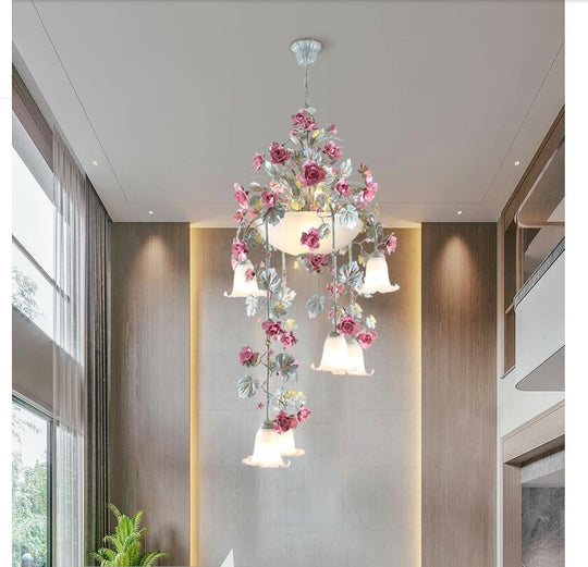 Floral Art Deco Chandelier Lamp - Pink Rose Flower Lustre Light Fixture For Decoration Pendant