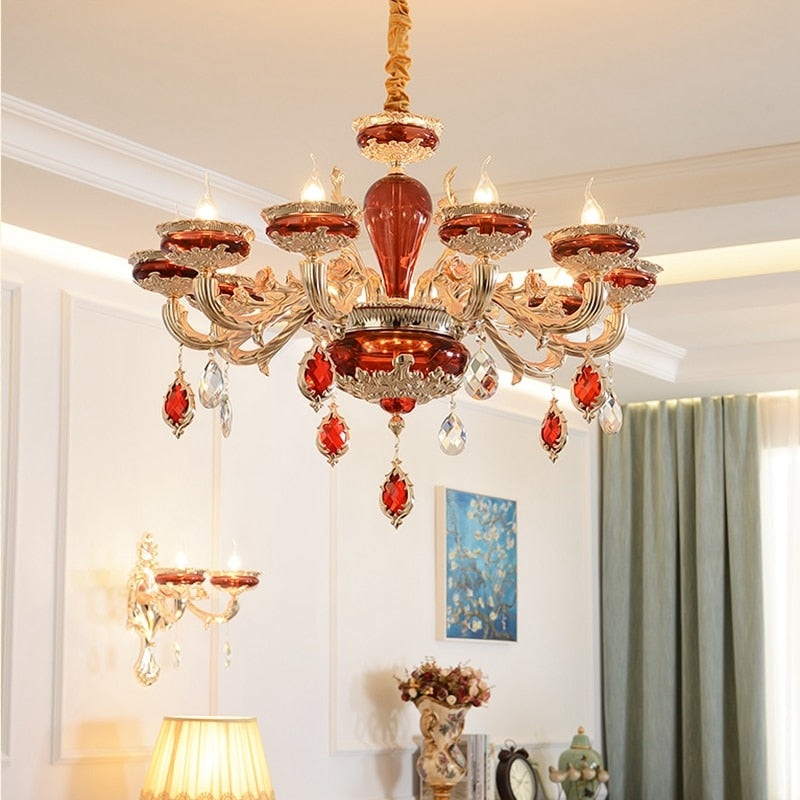 Modern European K9 Crystal Zinc Alloy Rose Golden Red Chandeliers 6/8/10 Lights Dinning Room Living