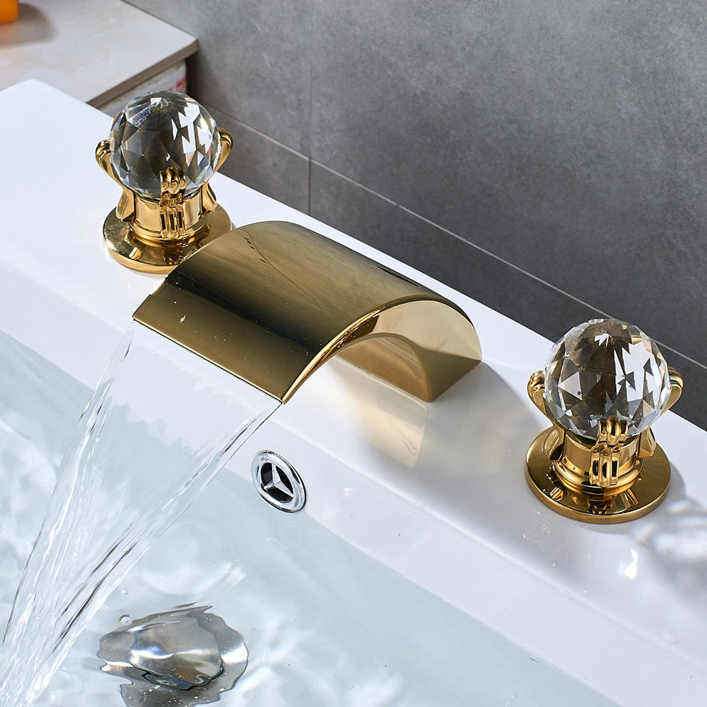 Bathroom Crystal Handle Golden Waterfall Basin Faucet Deck Mount Widespread Tub Sink Chrome Hot And