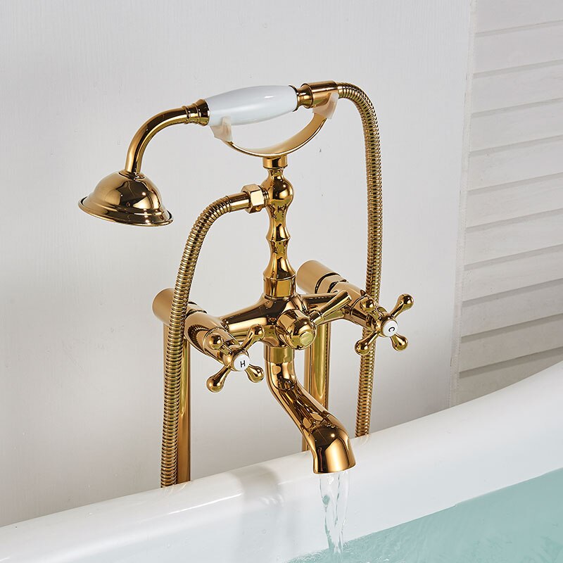 Gold Bathtub Shower Faucet Deck Mount Dual Tube Hot Cold Mixer Systems With Rainfall Handheld Floor
