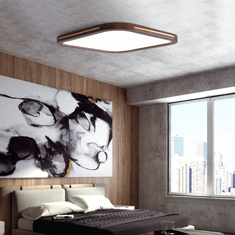 Ultra - Thin Solid Wood Living Room Chandeliers Modern Bedroom Lamp Rectangular Walnut Color Copper