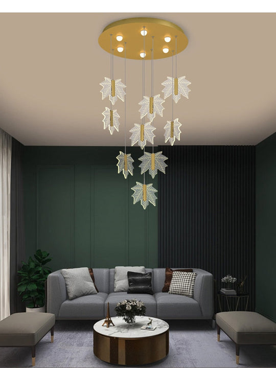 Modern Golden Maple Leaf Staircase Led Chandelier Lighting Nordic Duplex Building Living Room